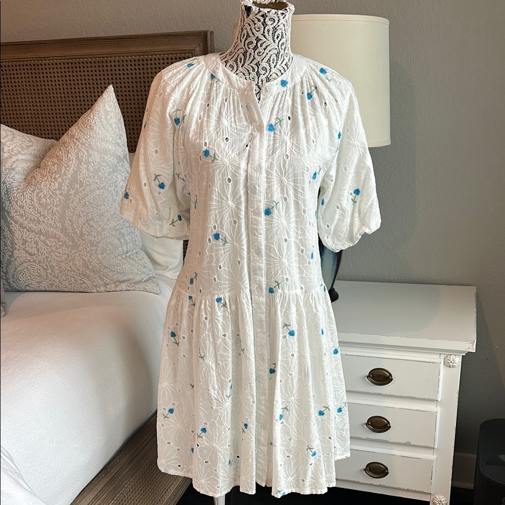 White Eyelet Dress with Embroidered Blue Flowers